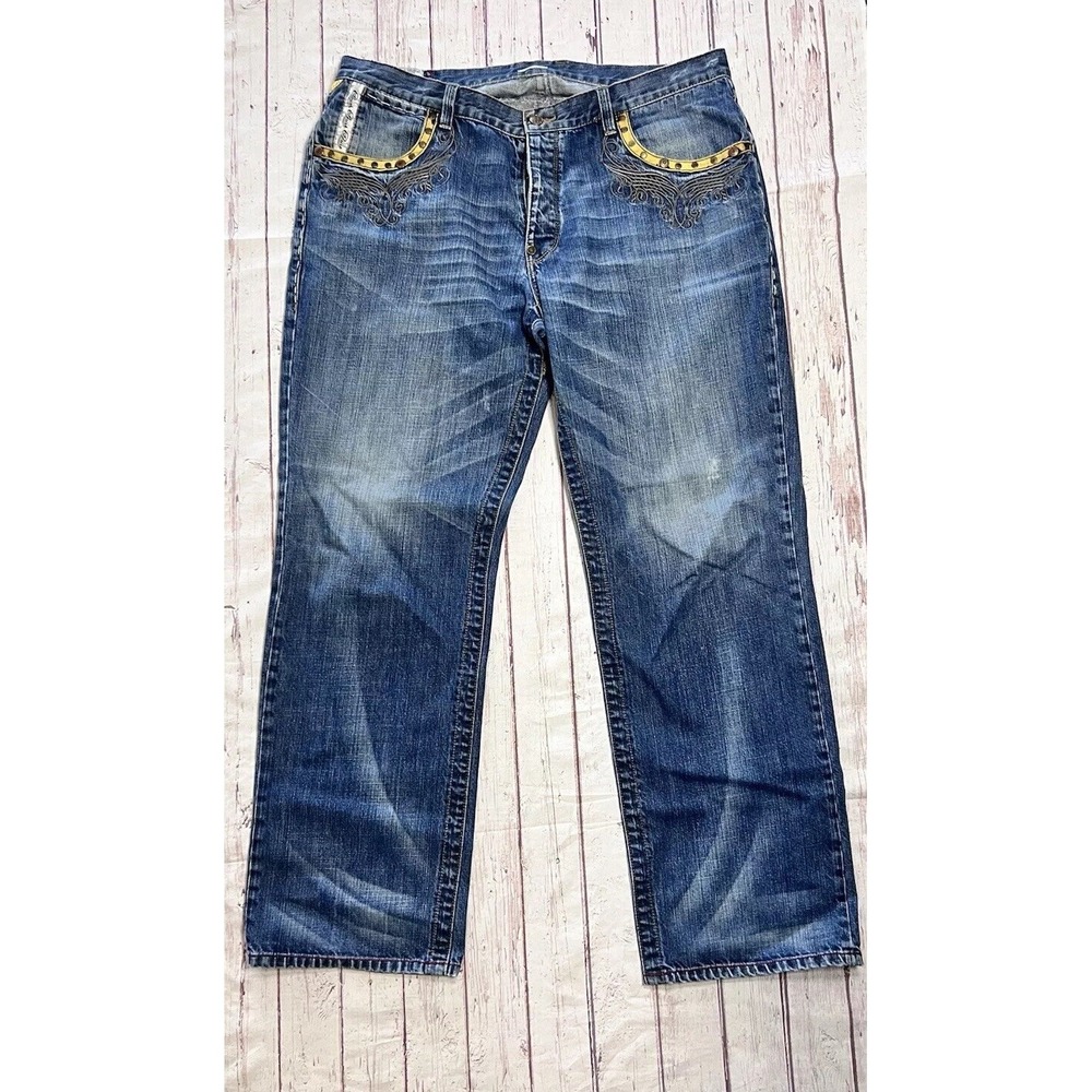 Mens Blue Denim PARISH Jeans Size 40 Gold Embroidered Design Wide Leg Pants Vtg
